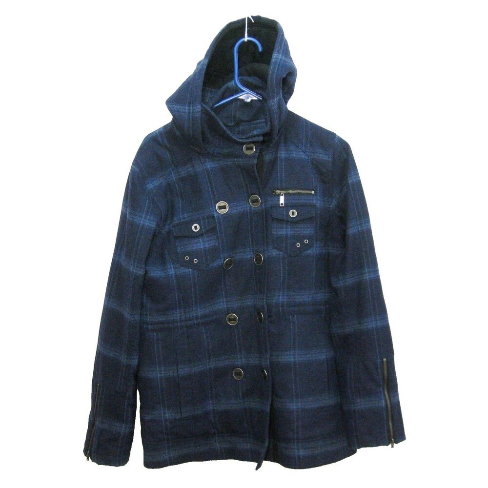 Pendleton Hurley Wool Jacket Womens Size Medium Blue Plaid Parka Hooded Coat